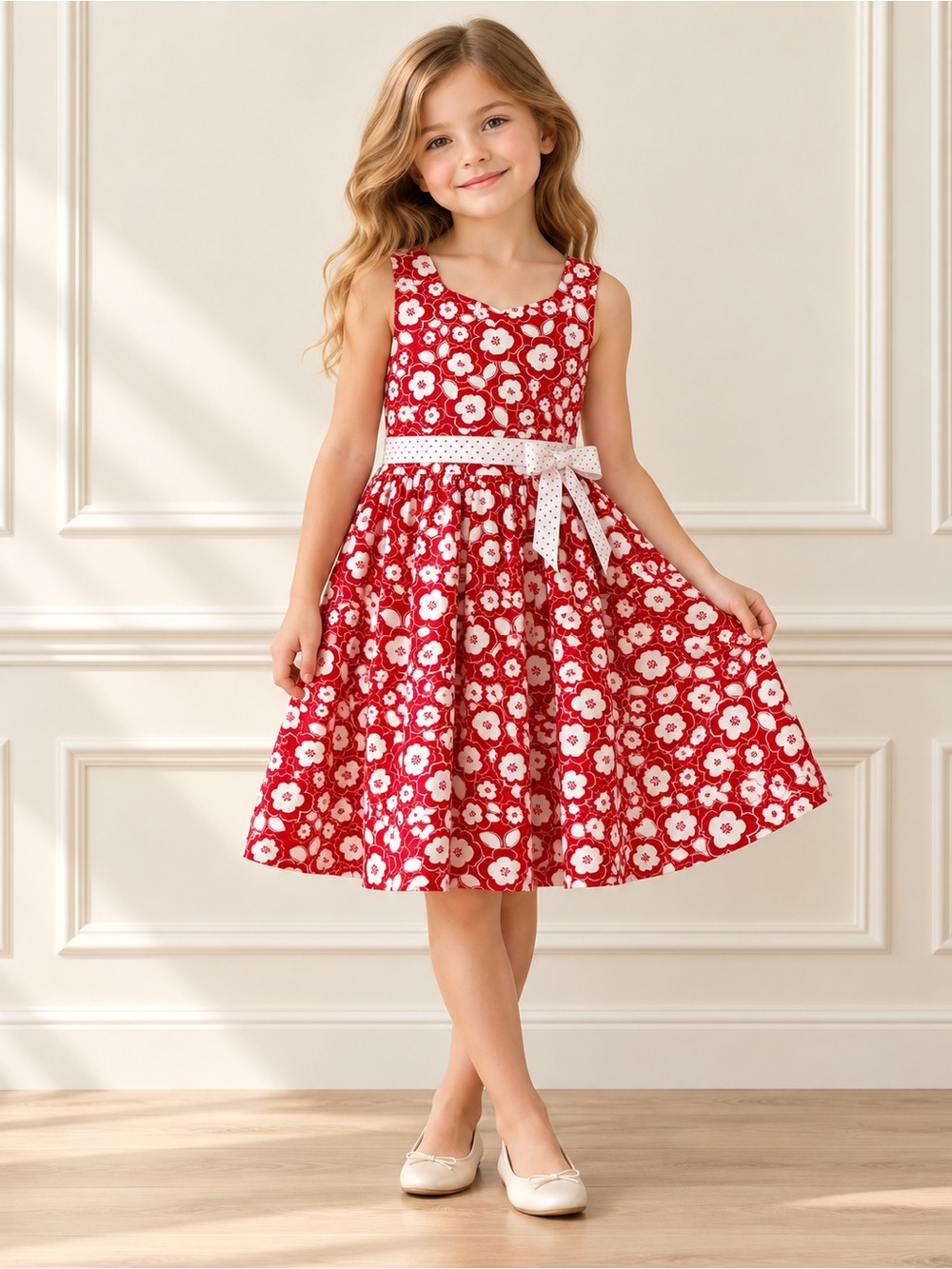 Jessica Ann Red and White Floral Sleeveless Party Dress with Bow